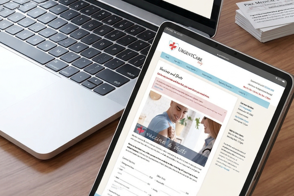 UrgentCare Indy website proof mockup showing mobile consultation and desktop service surfaces