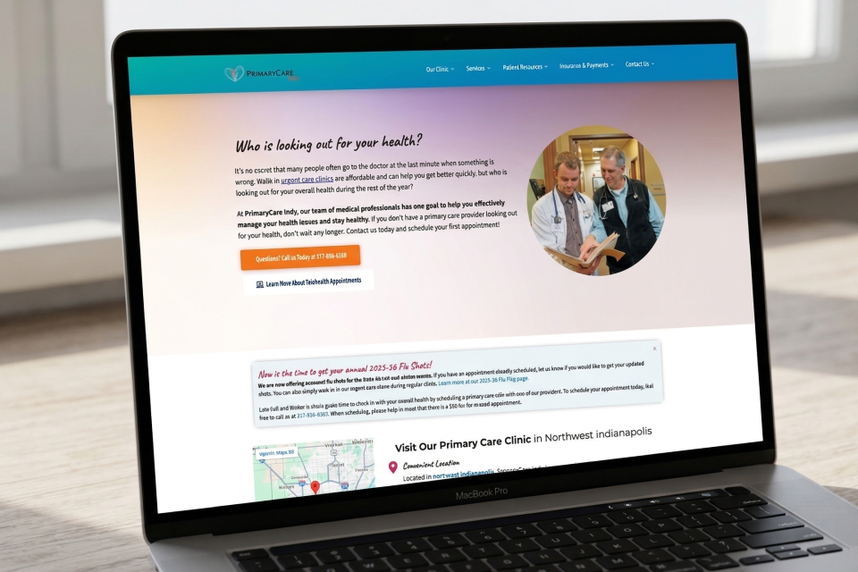 PrimaryCare Indy website proof mockup showing desktop website and device context