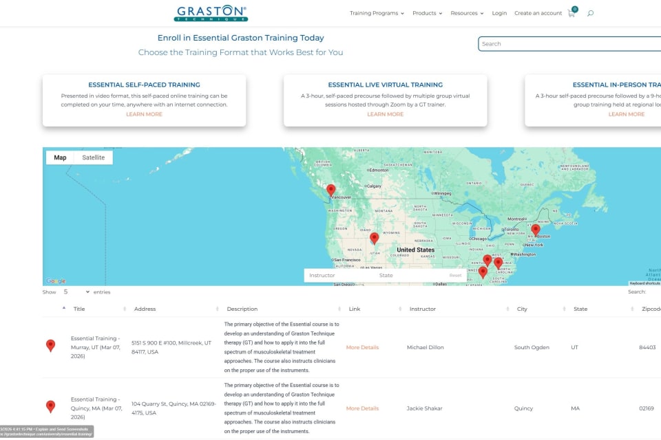 Graston Technique training course page showing structured learning path for licensed clinicians