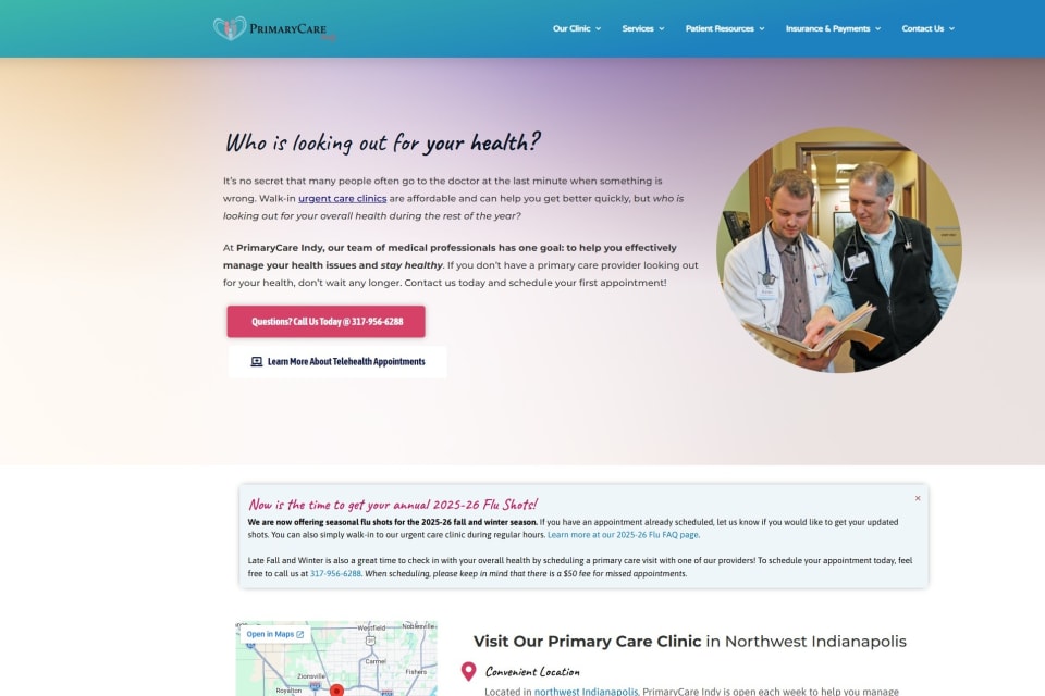 PrimaryCare Indy website homepage - the continuity-of-care division experience inside the Pike Medical platform