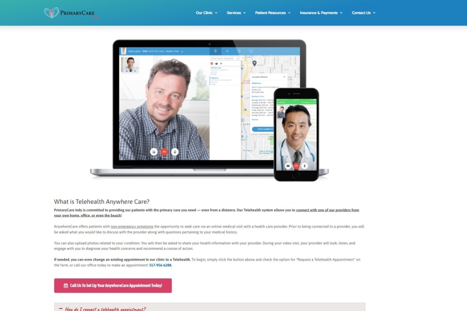 Telehealth page screenshot from the PrimaryCare Indy website