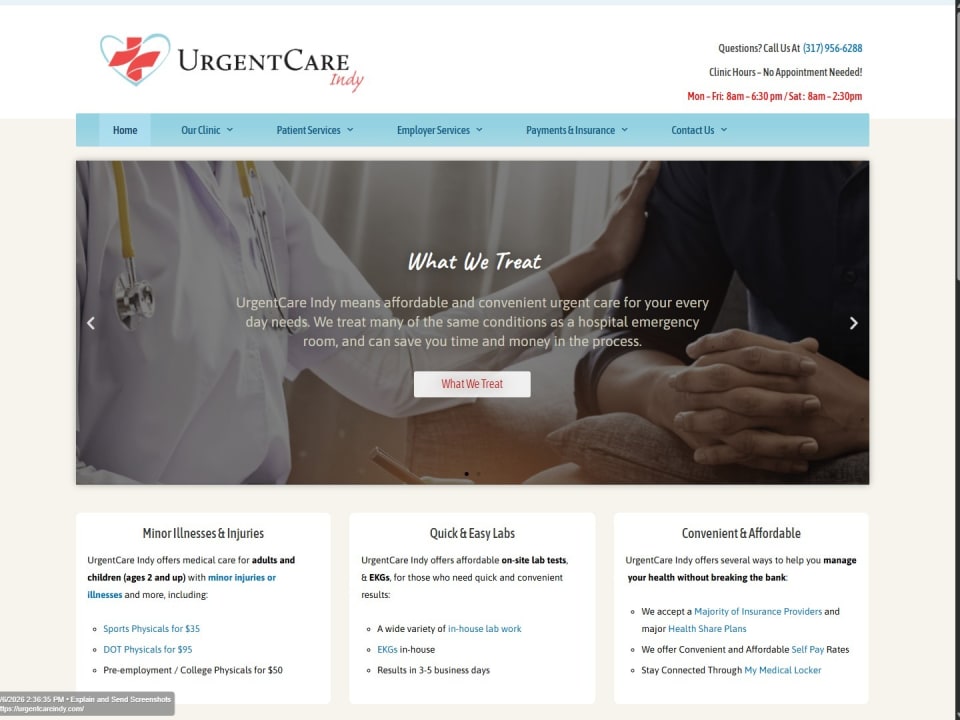 Top-section desktop screenshot of the UrgentCare Indy homepage