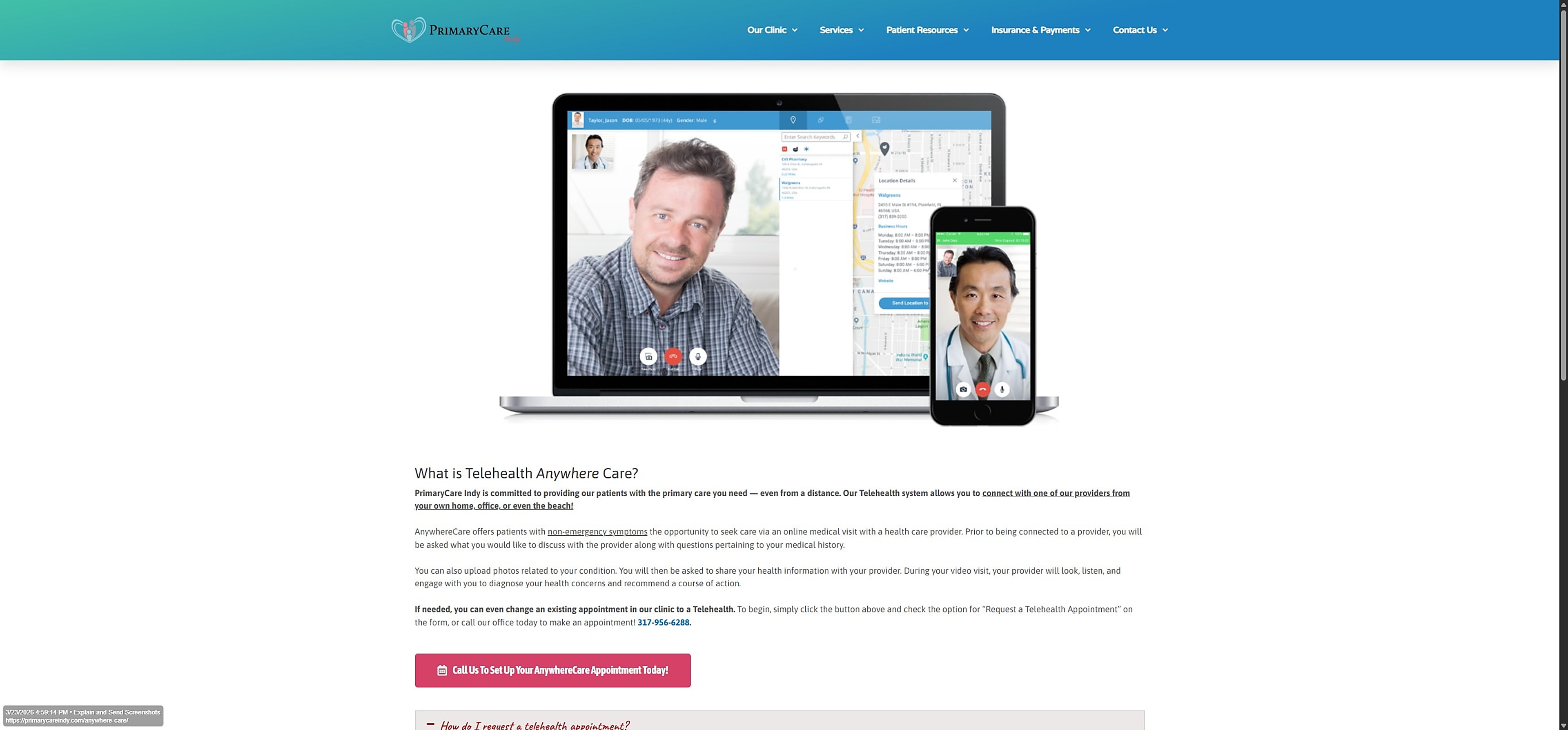 PrimaryCare Indy telehealth service page showing trust cues and patient conversion flow.