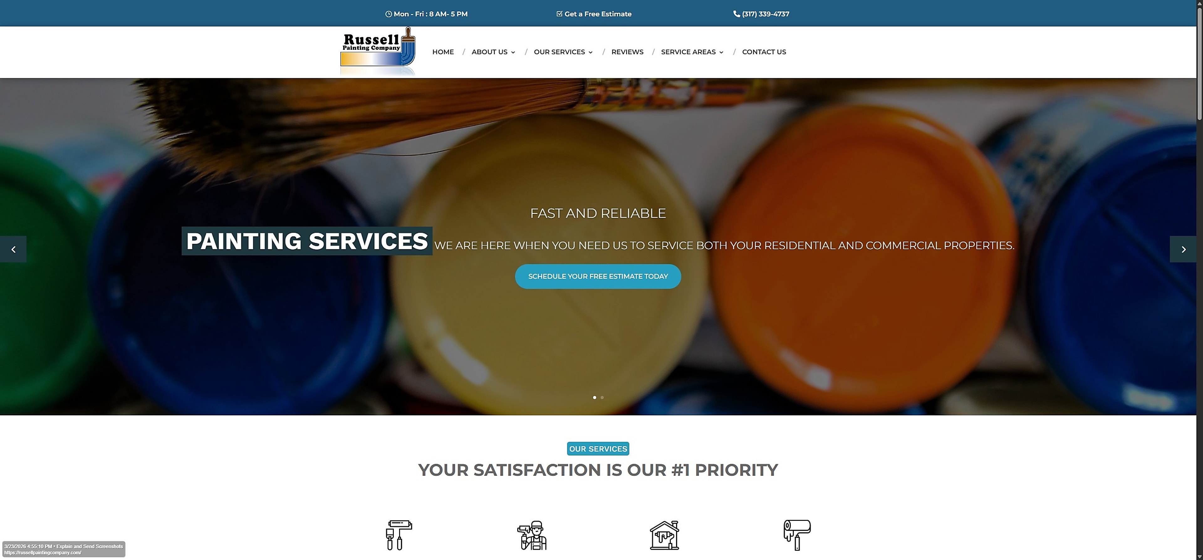 Russell Painting website visual showing a local service brand surface connected to reporting and job attribution work.