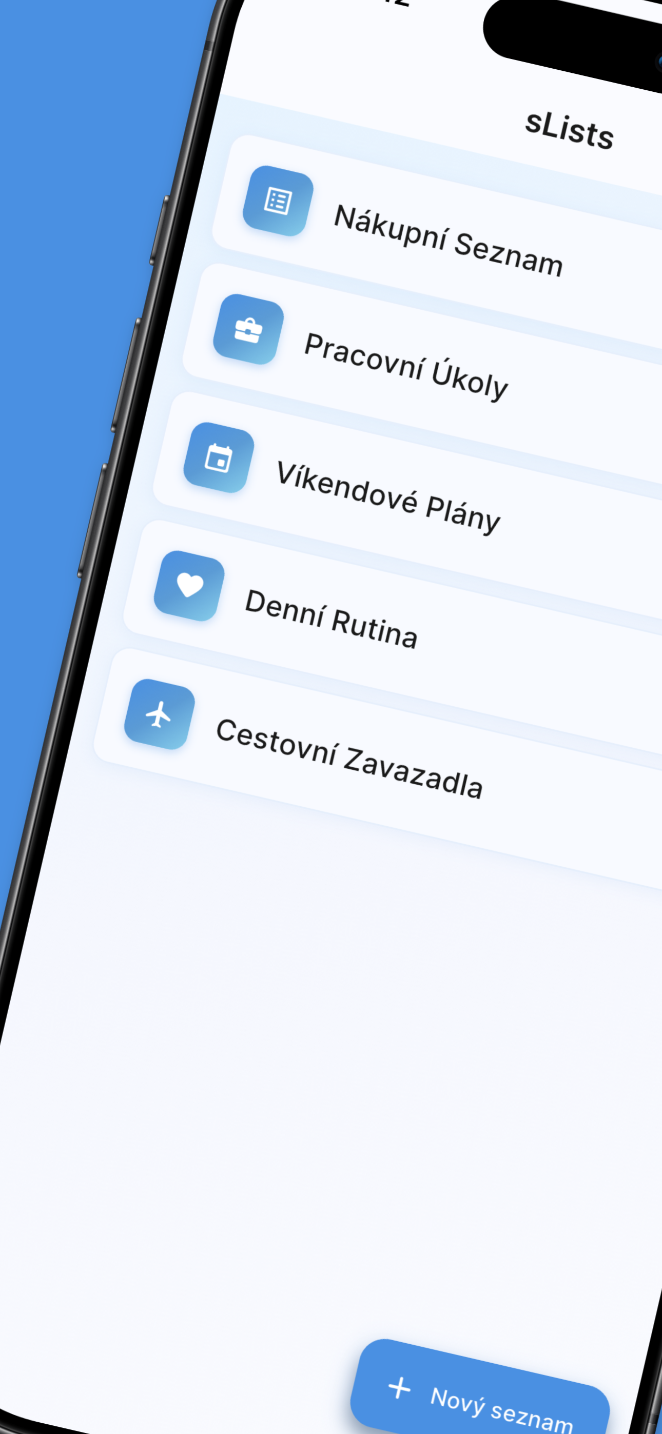 sLists home screen showing organized lists with custom icons