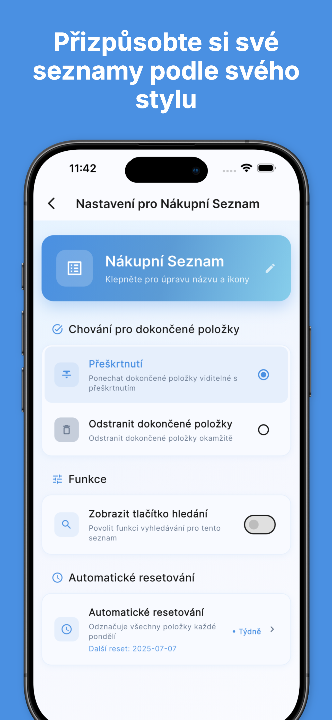 Strike-through completion with visual progress tracking
