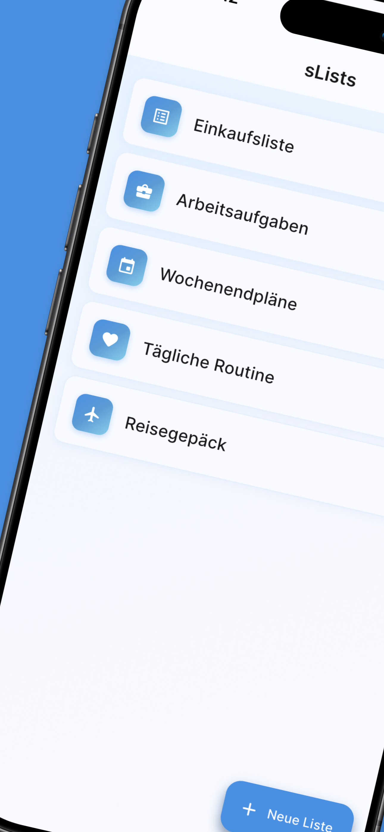 sLists home screen showing organized lists with custom icons