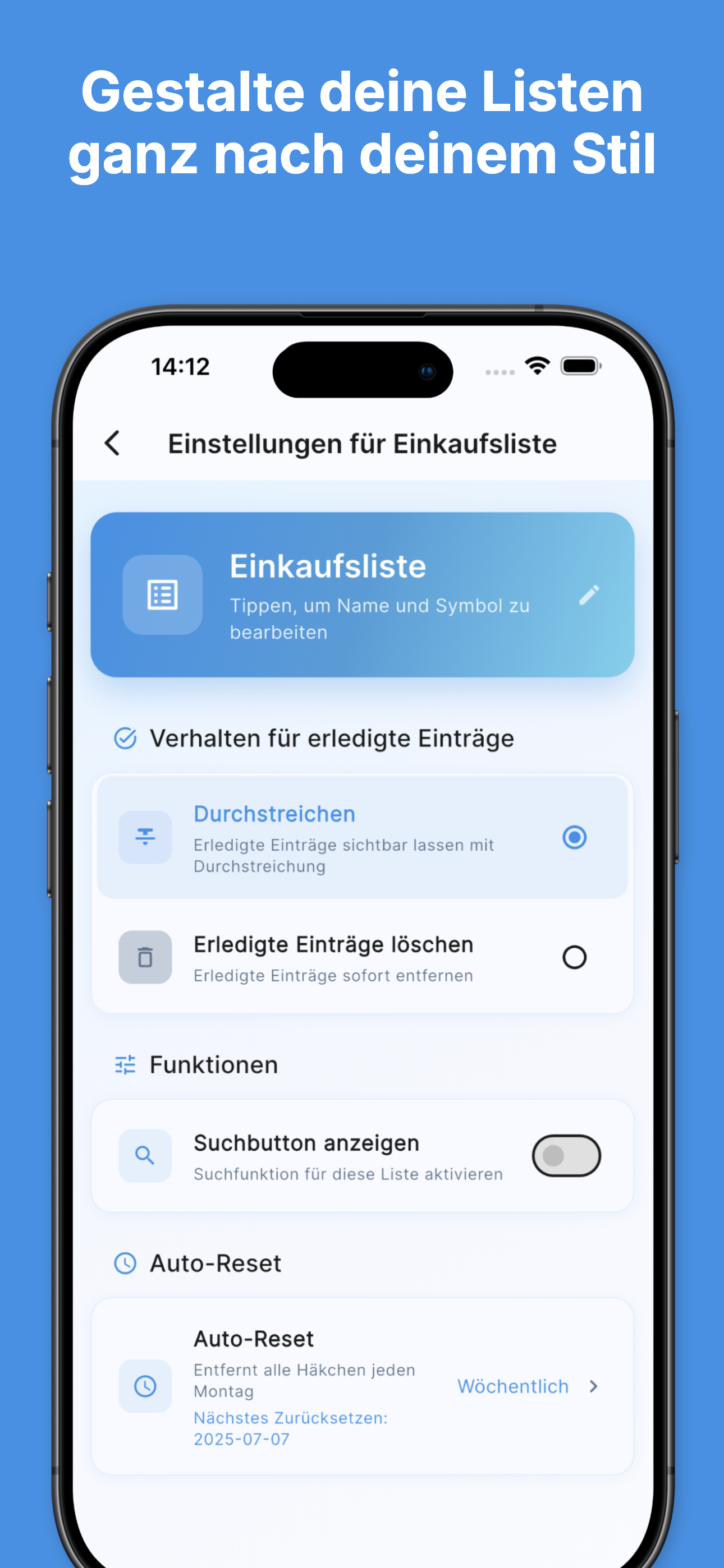 Strike-through completion with visual progress tracking