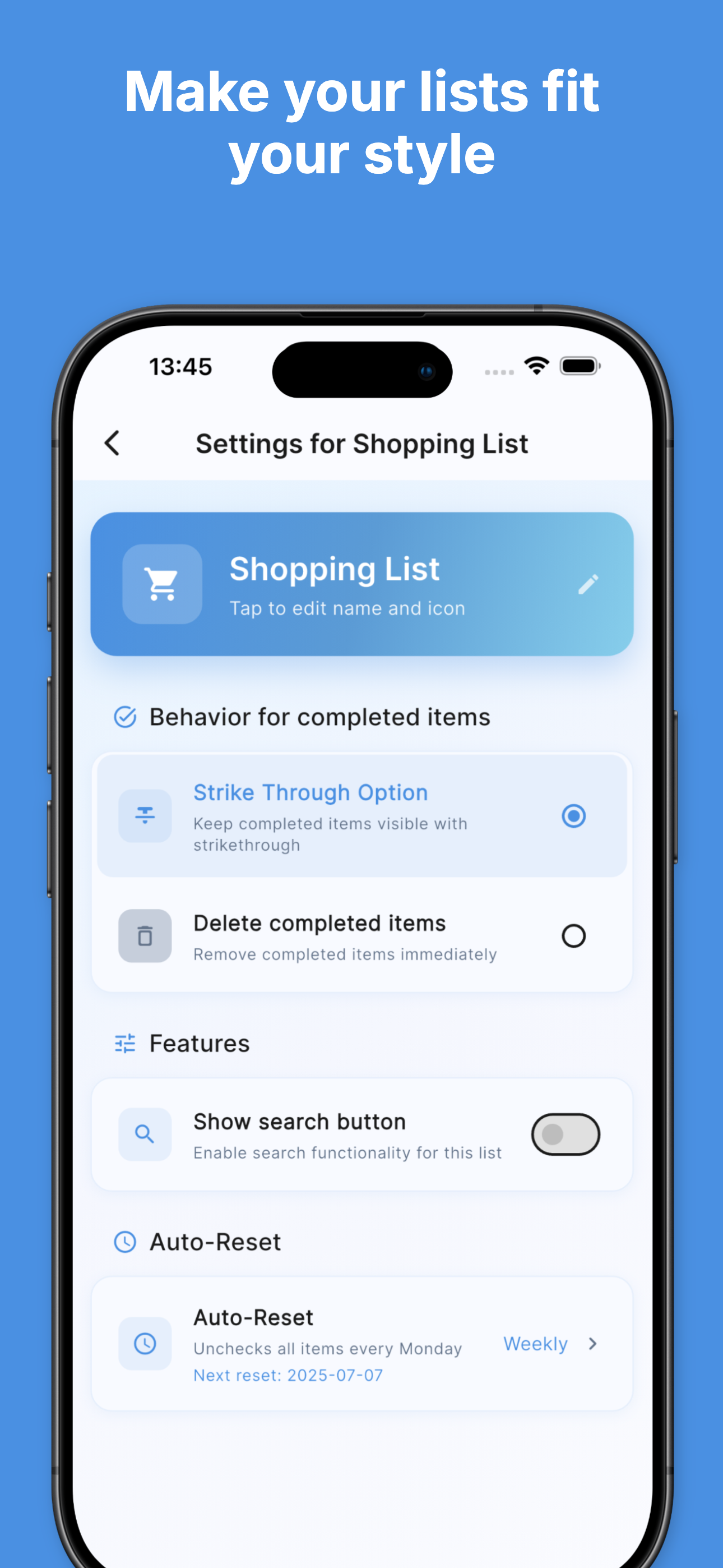 Strike-through completion with visual progress tracking