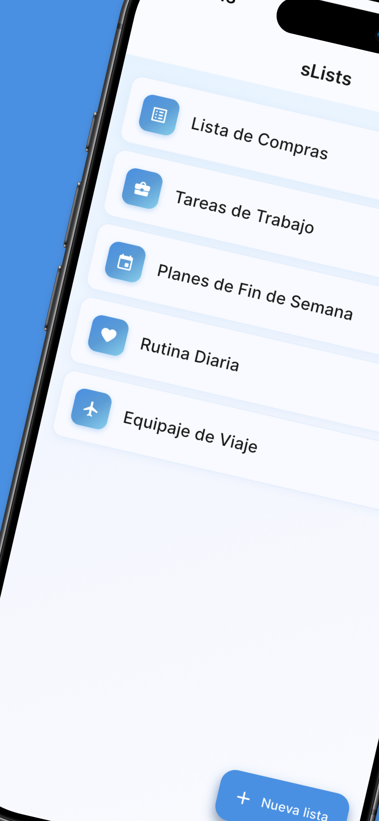 sLists home screen showing organized lists with custom icons