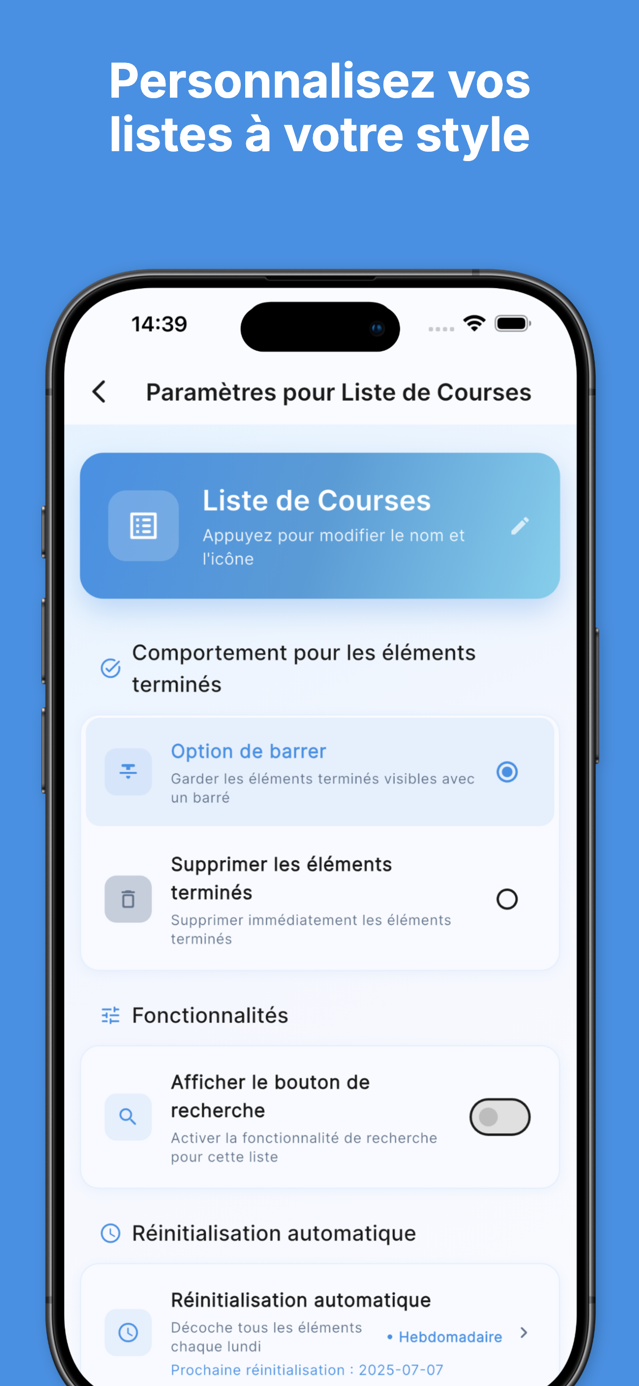 Strike-through completion with visual progress tracking