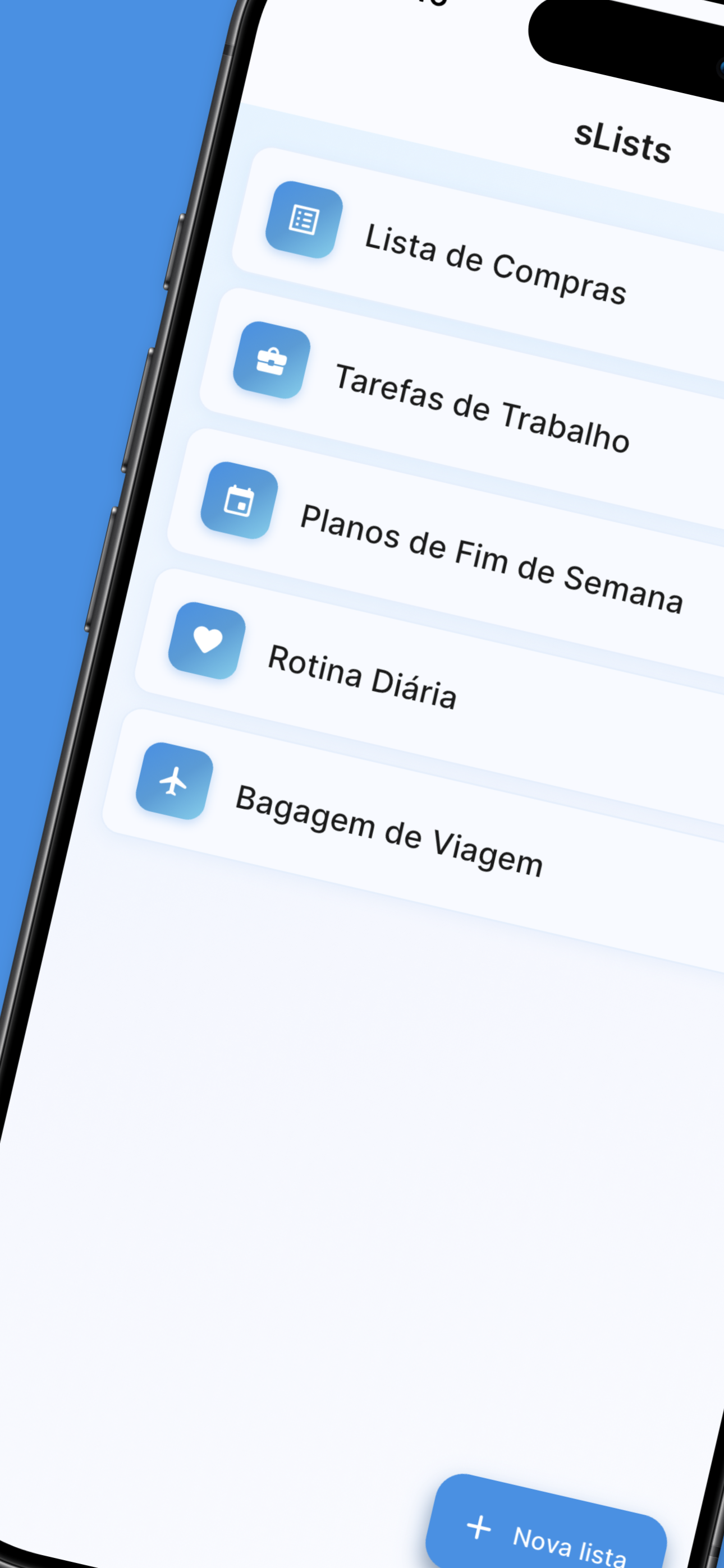 sLists home screen showing organized lists with custom icons