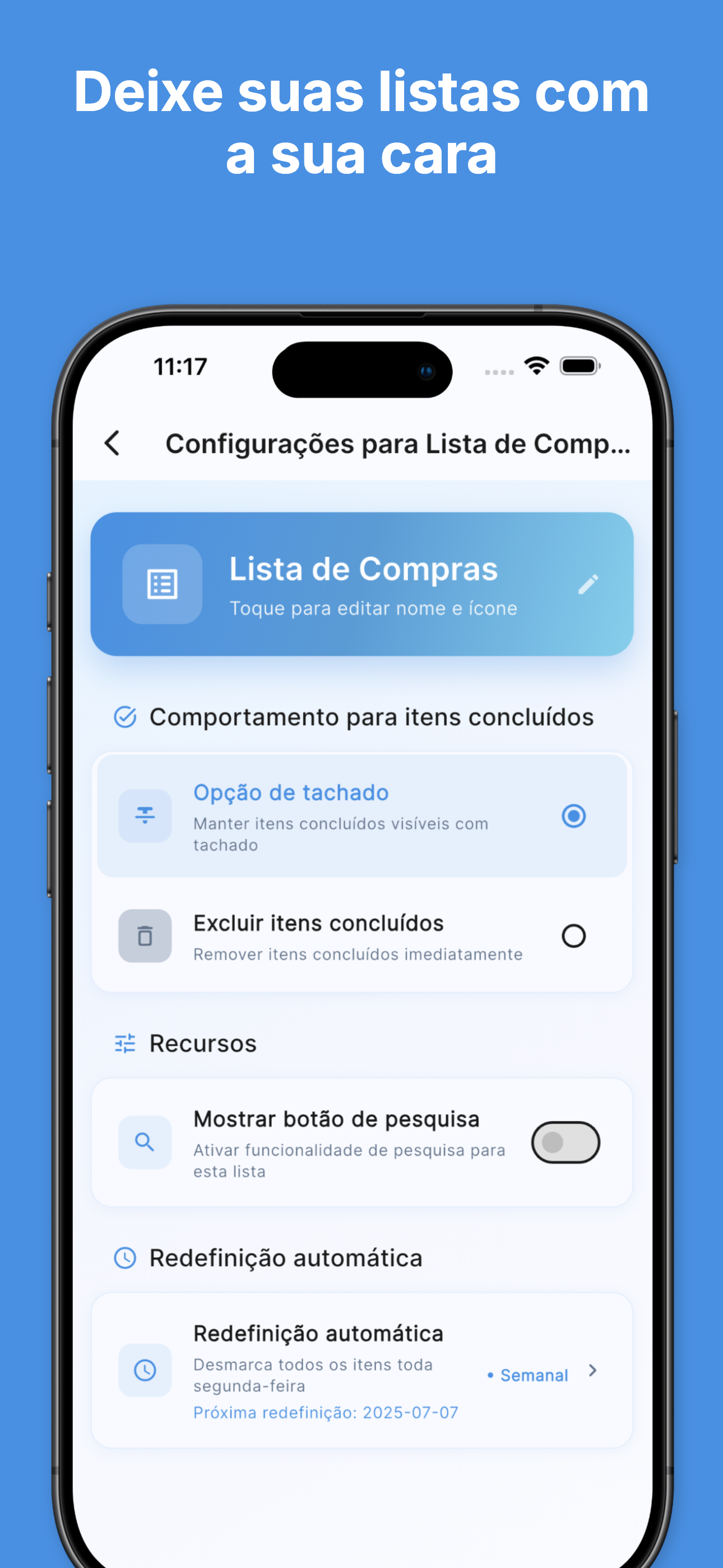 Strike-through completion with visual progress tracking