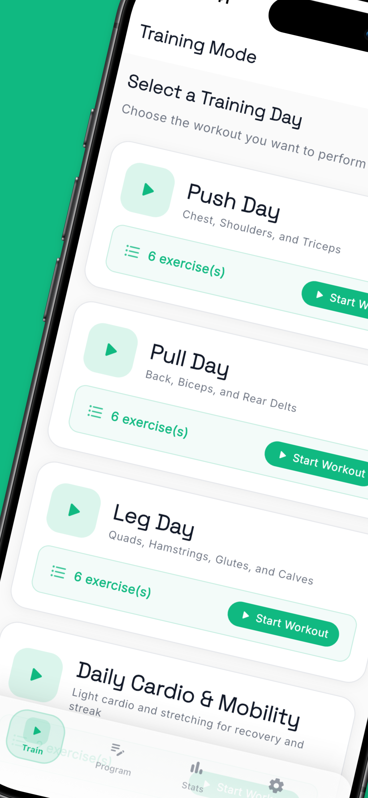 sTrain app home screen showing workout programs and training plans