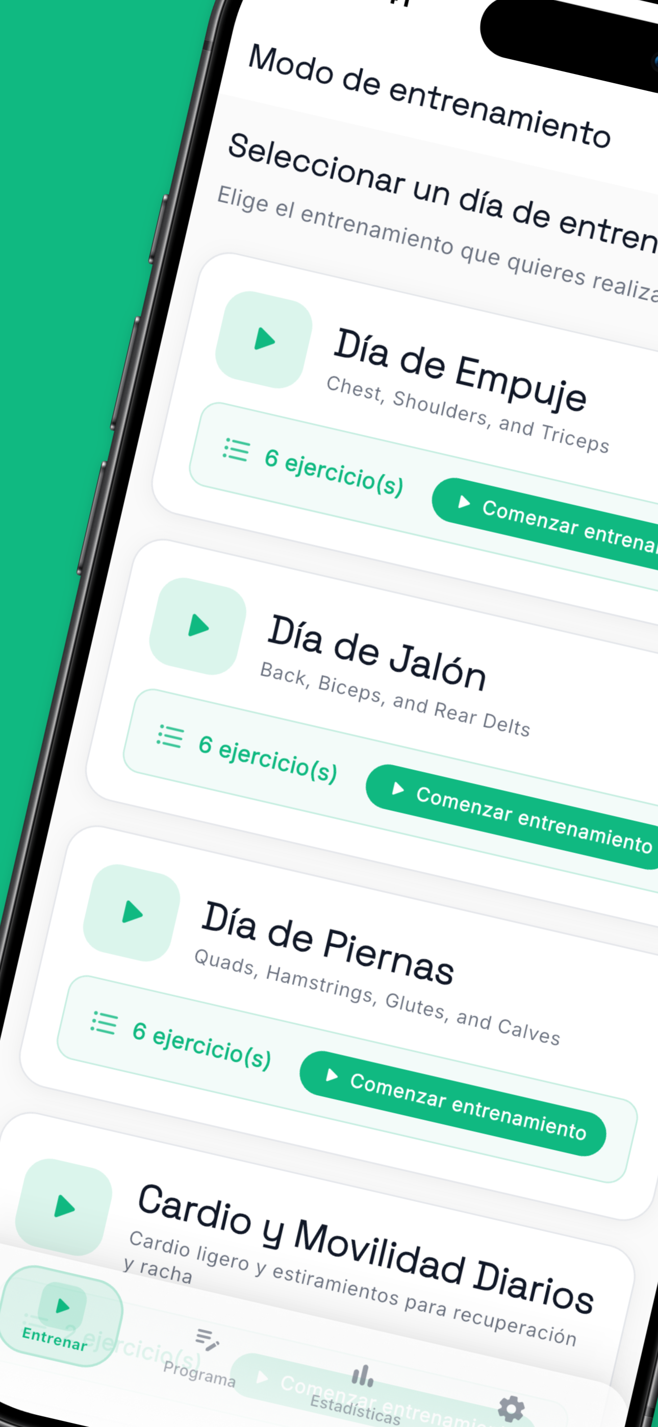 sTrain app home screen showing workout programs and training plans
