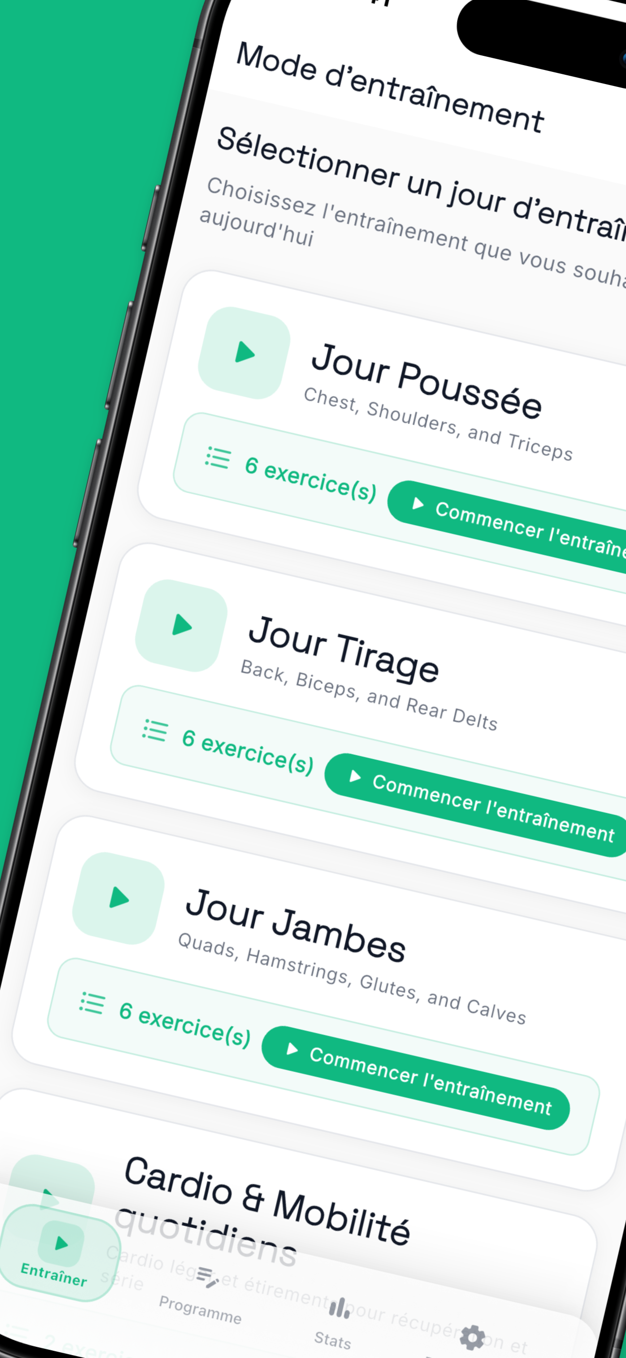sTrain app home screen showing workout programs and training plans