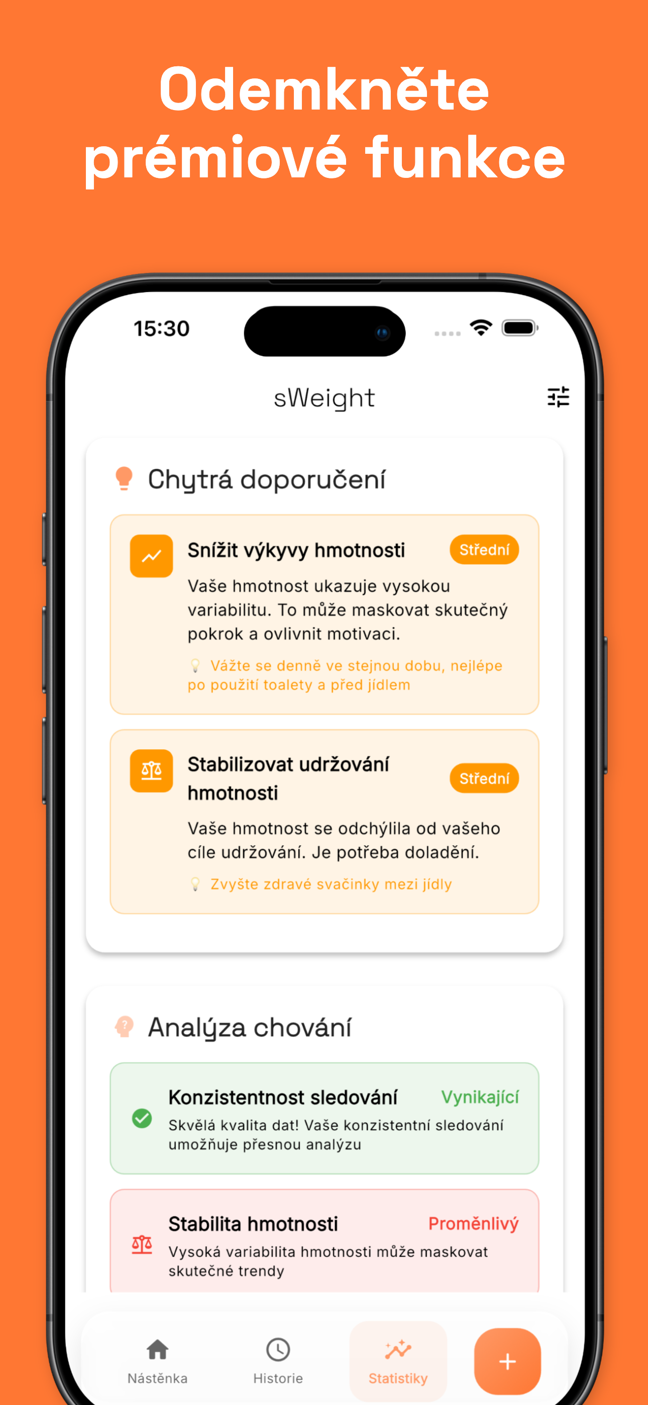 Statistics view with BMI and trend analysis