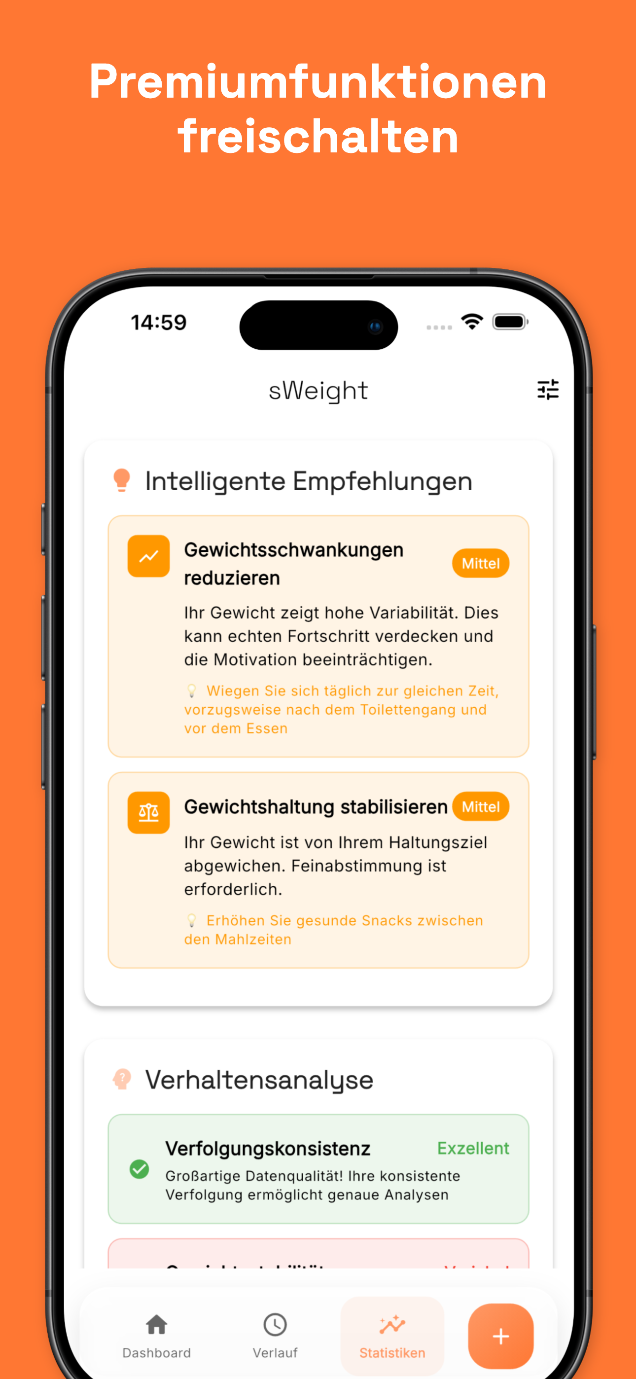 Statistics view with BMI and trend analysis
