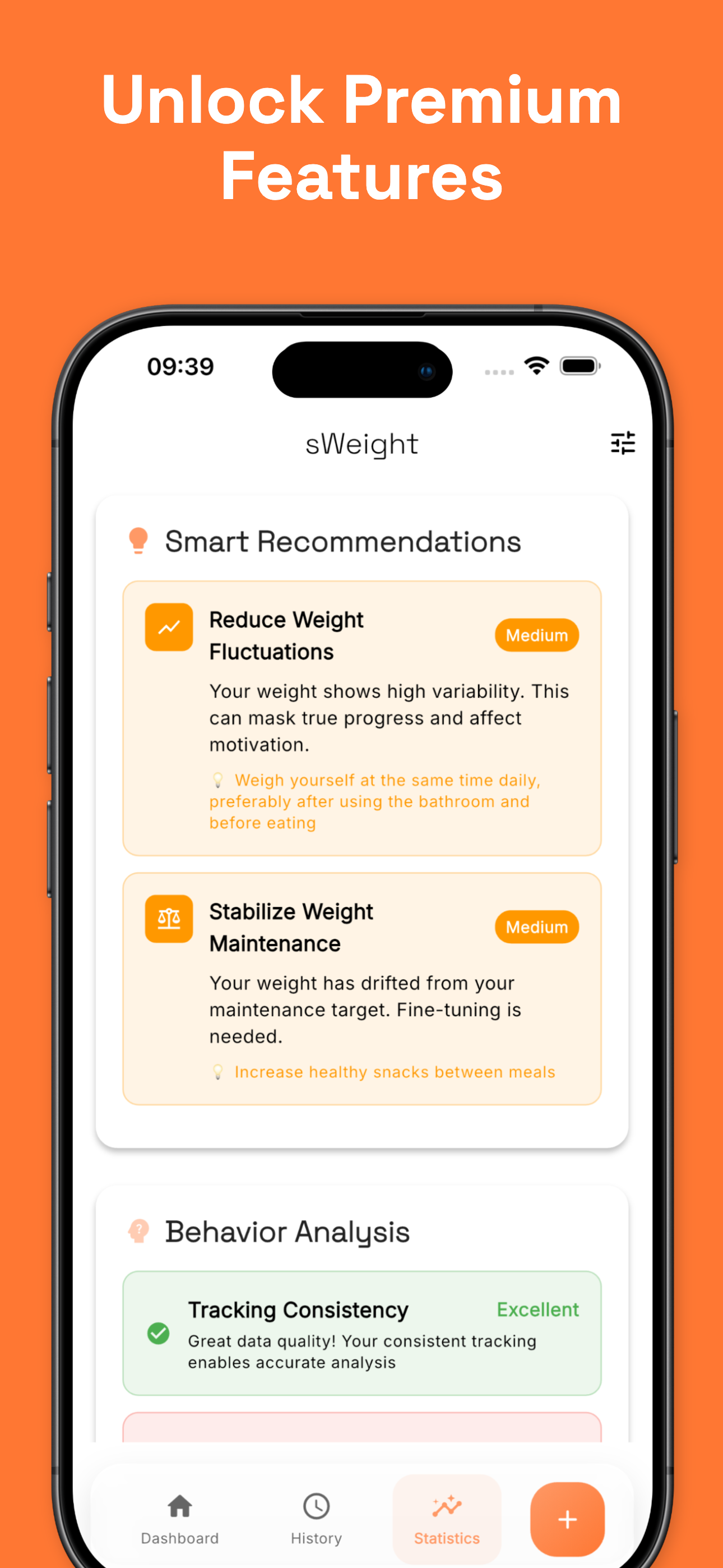 Statistics view with BMI and trend analysis