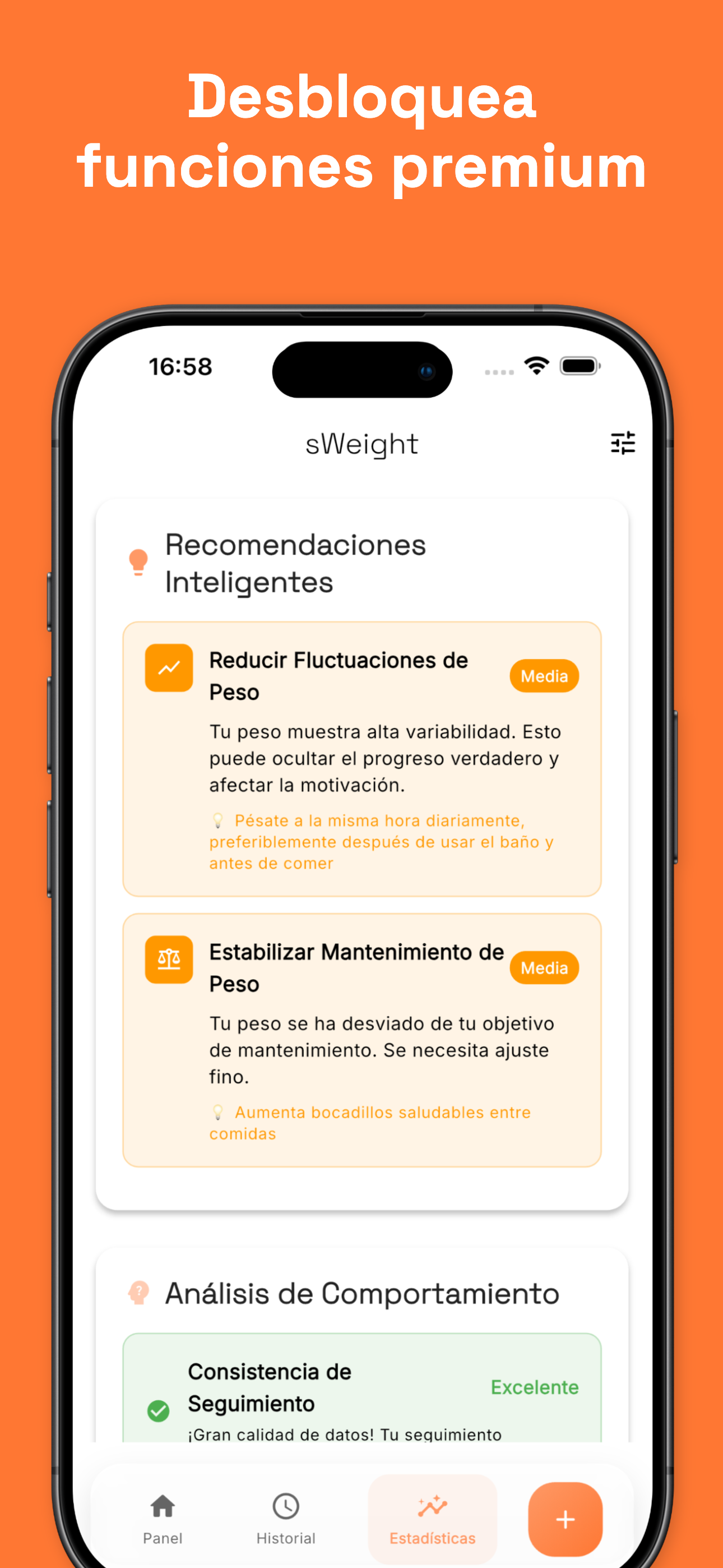 Statistics view with BMI and trend analysis