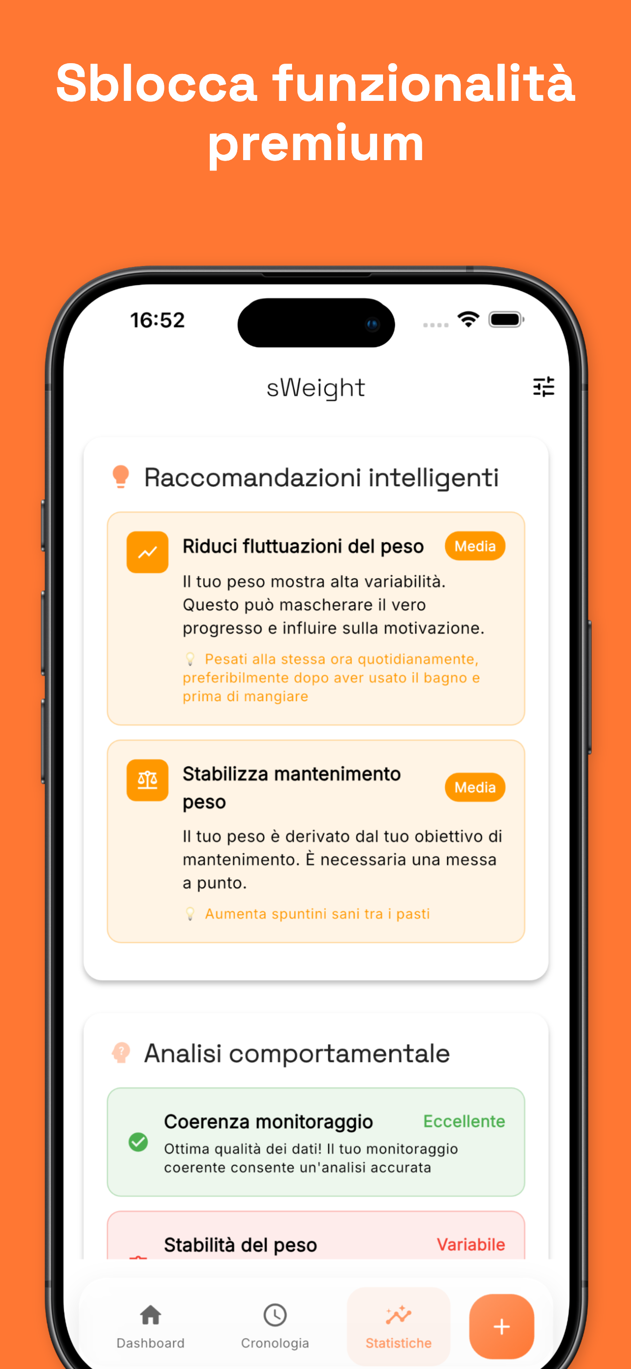 Statistics view with BMI and trend analysis