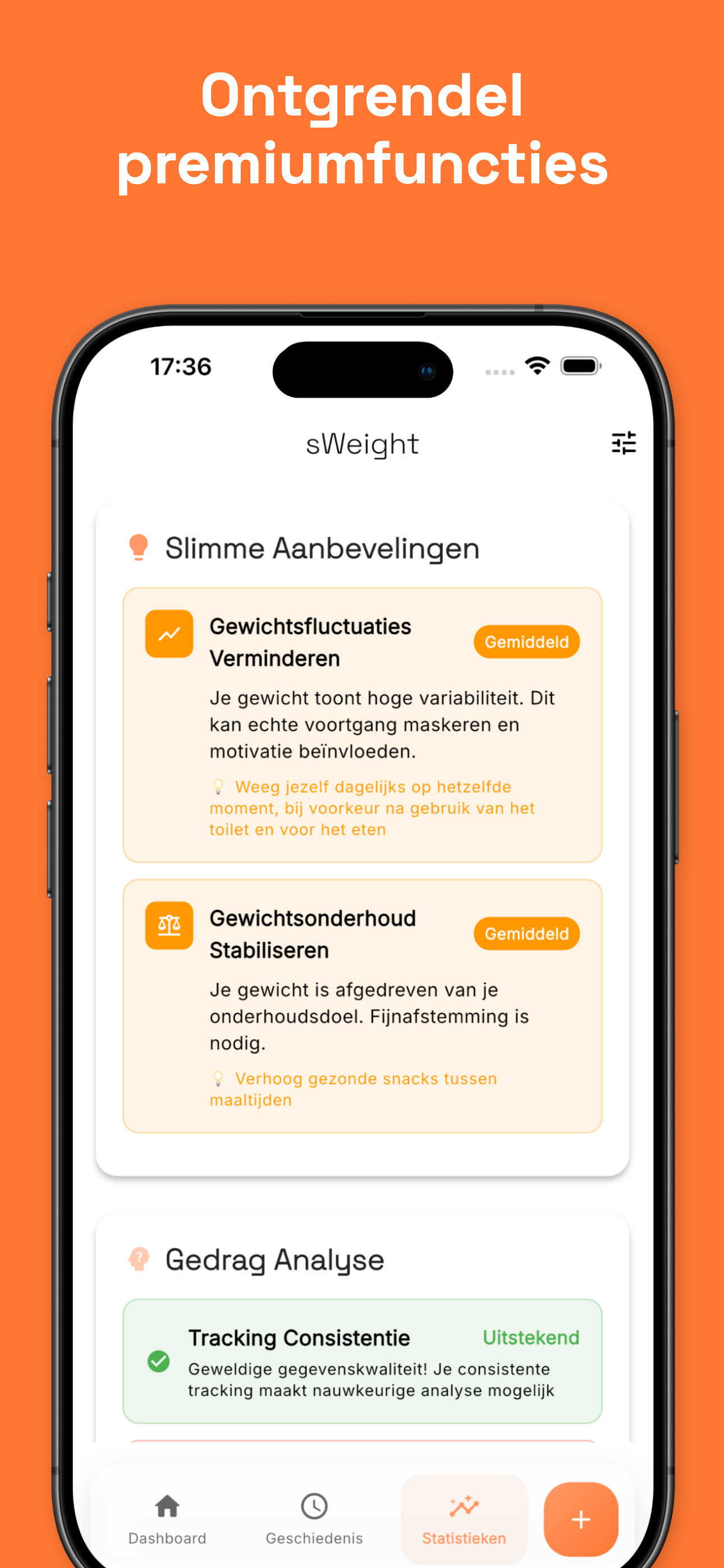 Statistics view with BMI and trend analysis