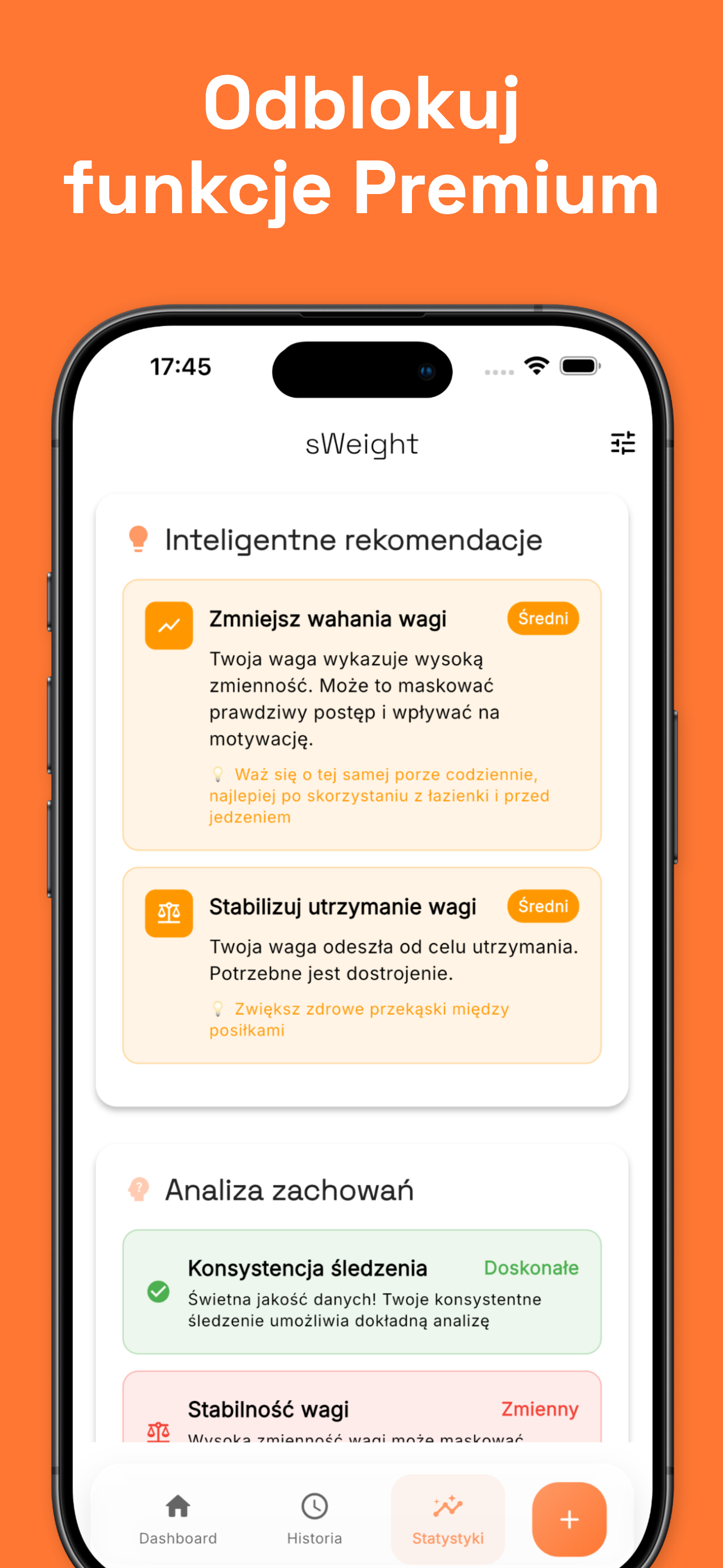 Statistics view with BMI and trend analysis