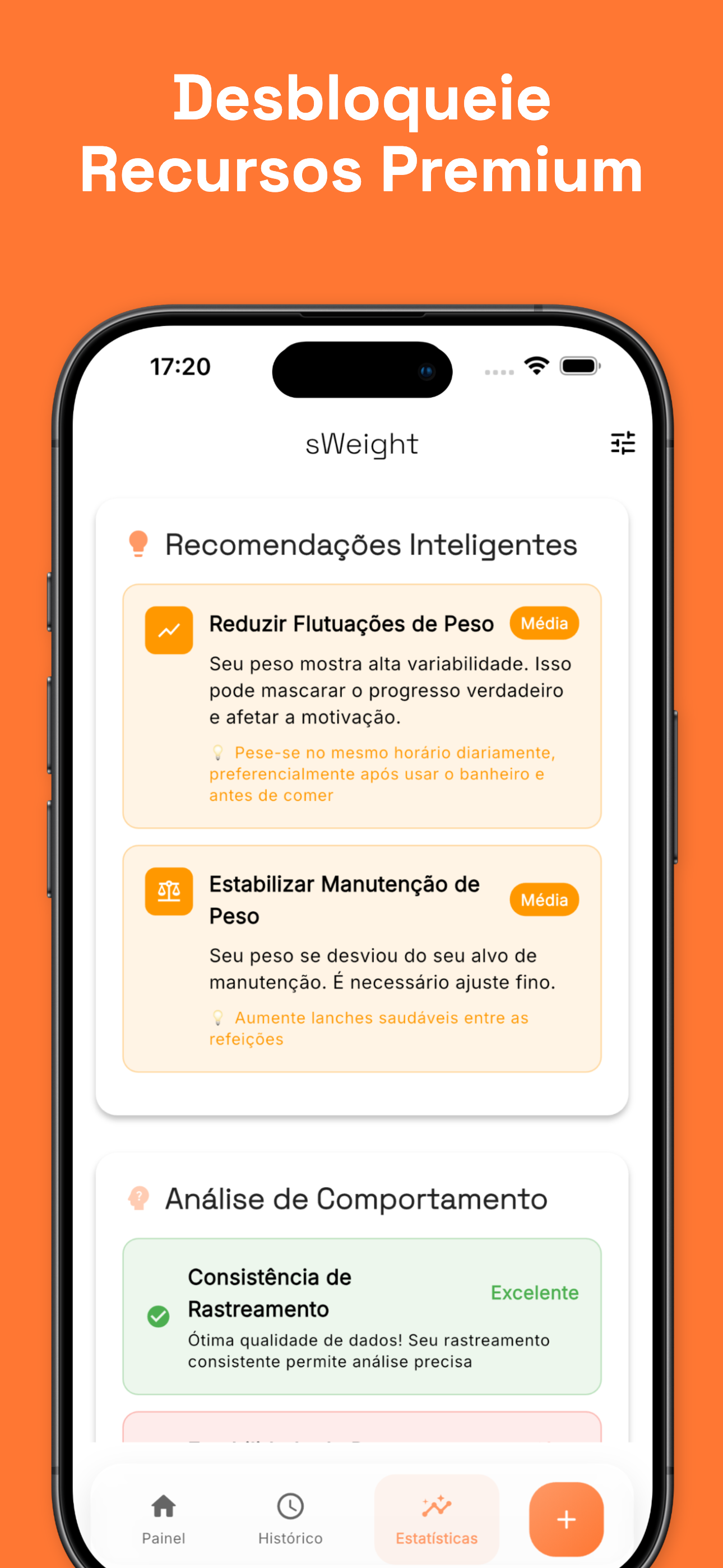 Statistics view with BMI and trend analysis