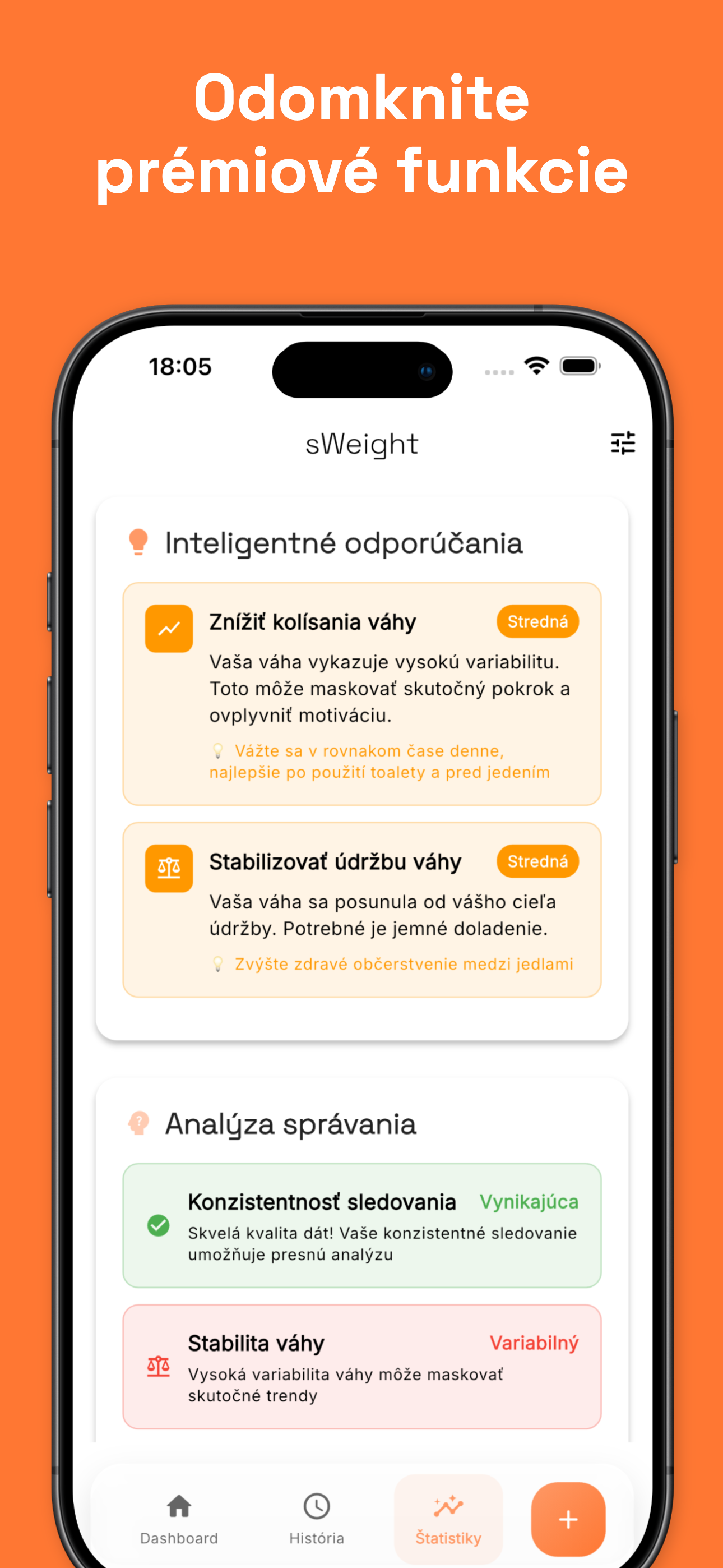 Statistics view with BMI and trend analysis