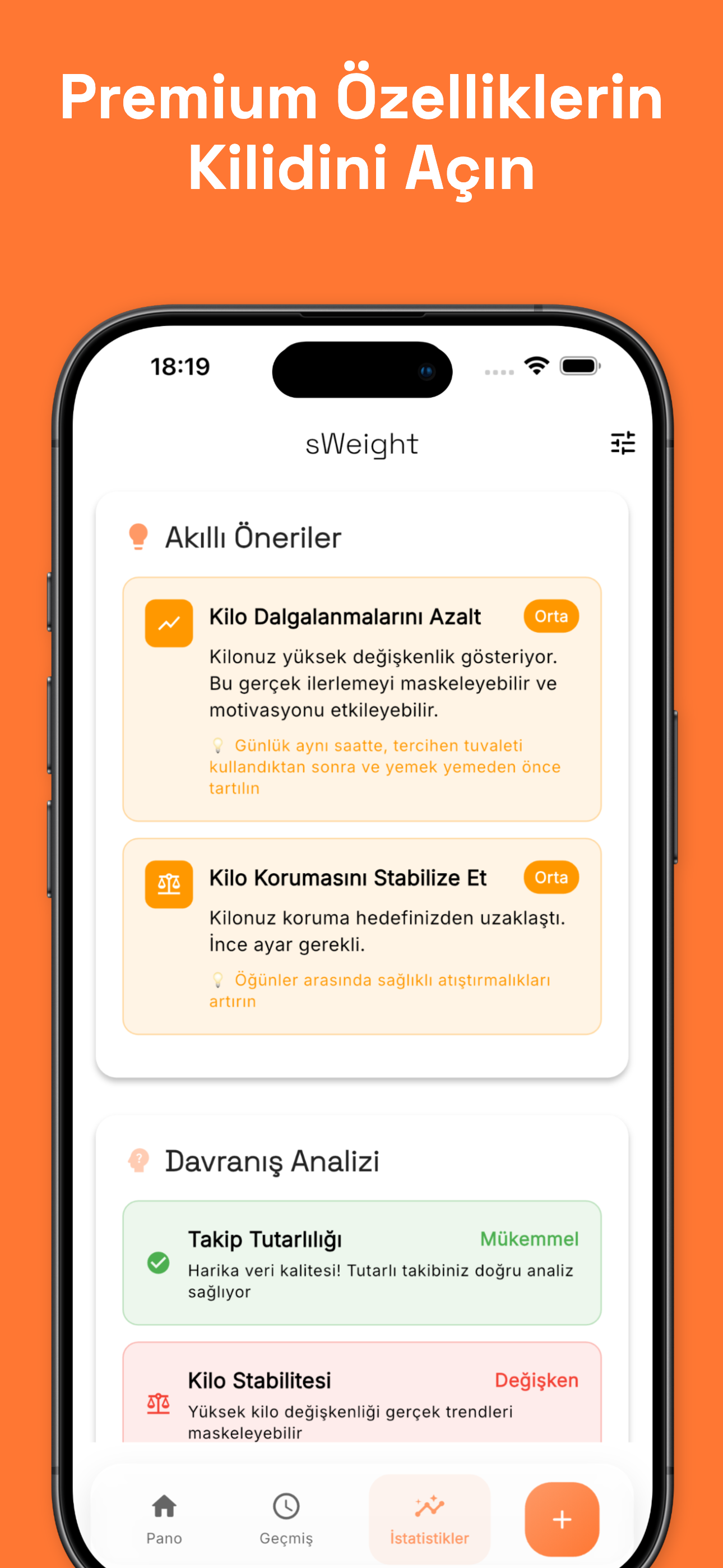 Statistics view with BMI and trend analysis