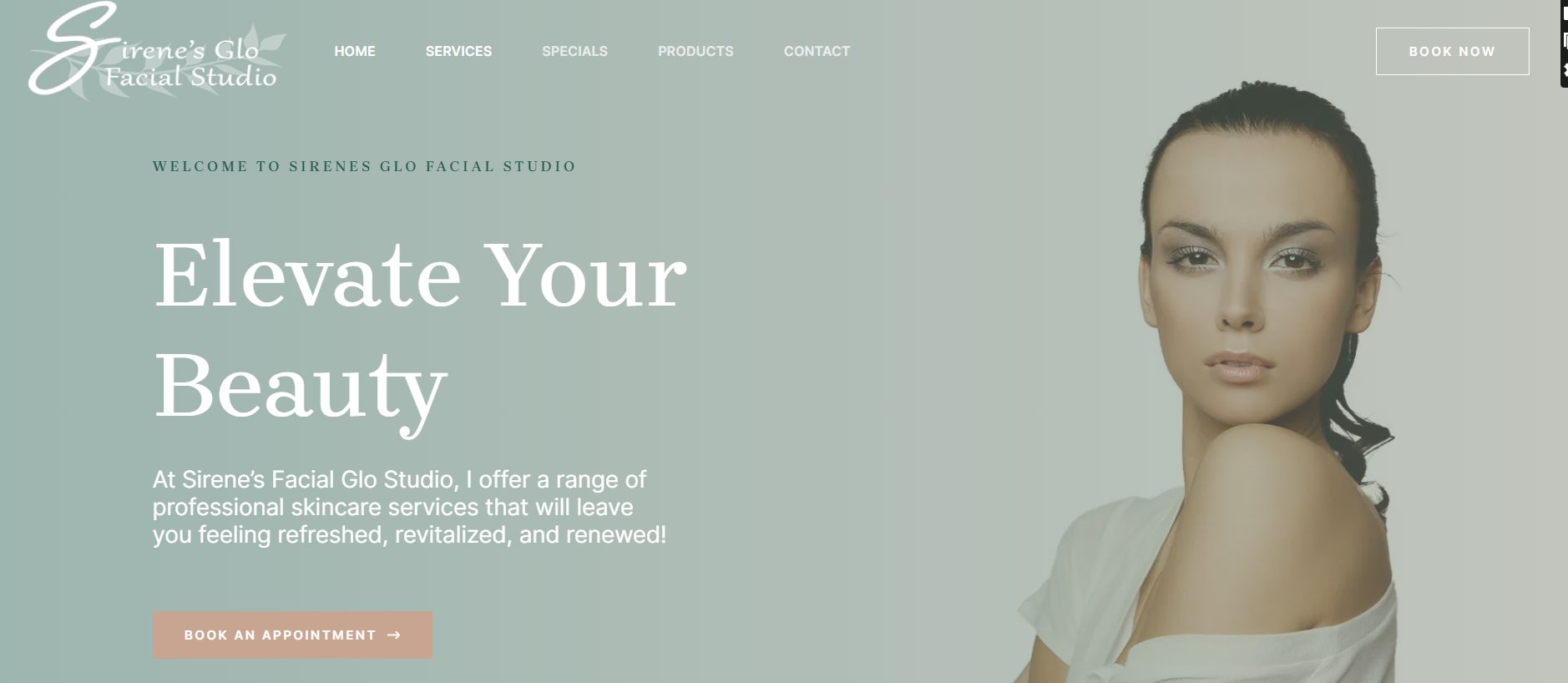 Hero screenshot of Sirene's Glo Facial Studio after website build and branding.