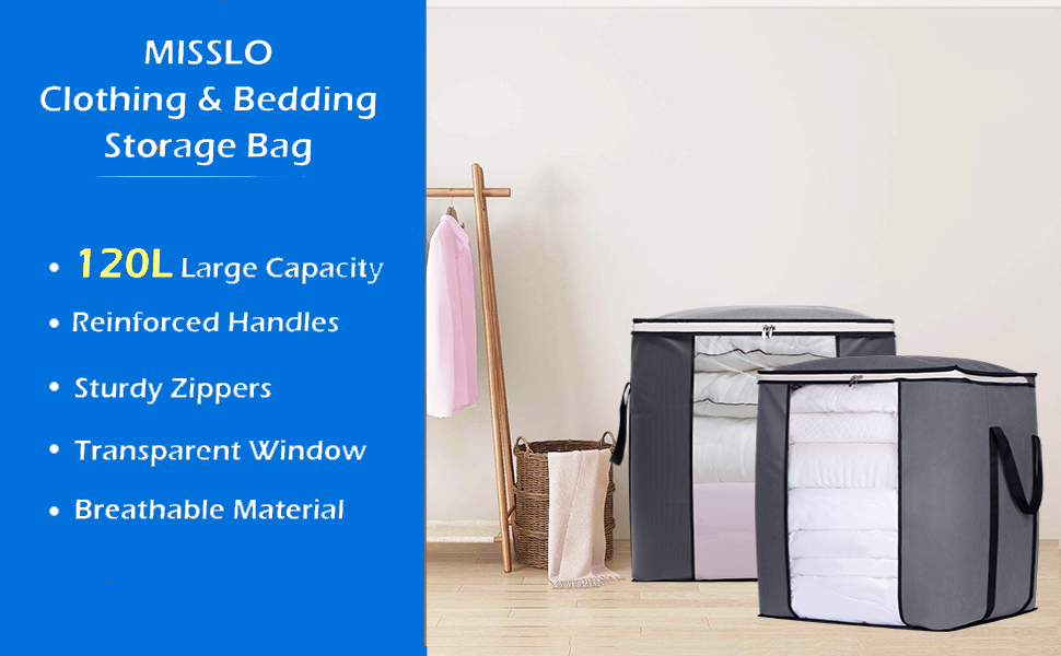 MISSLO 120L Jumbo Storage Bags for Clothes, Blankets, Comforters, Clothing,  Bedding Organizer with Reinforced Handles Closet Containers, 2 Packs 