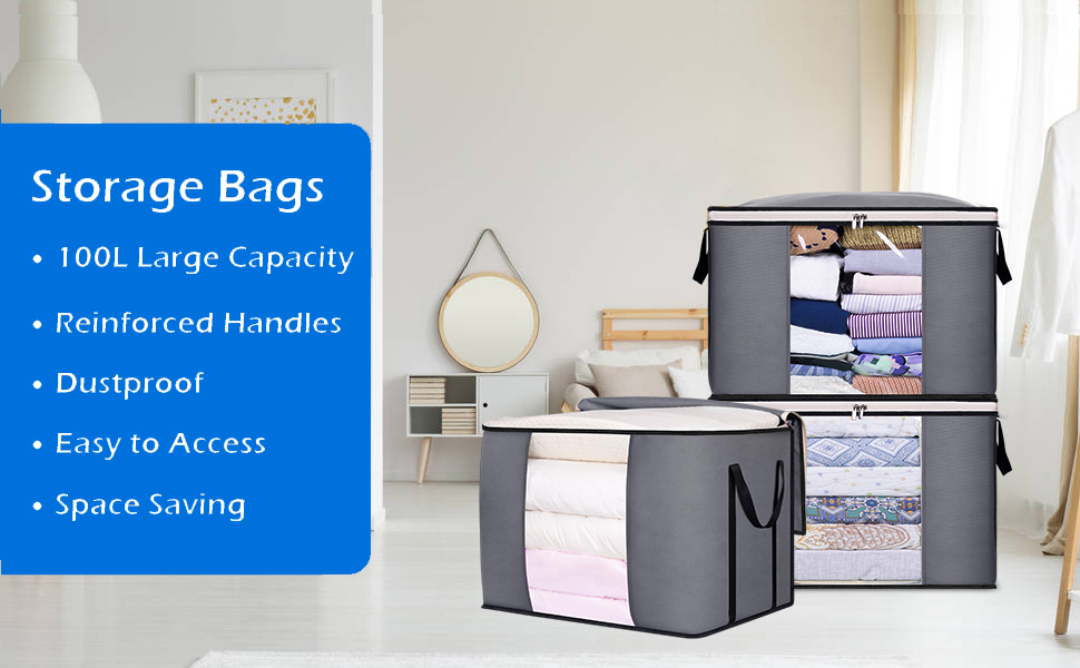 WiseLife Clothes Storage Bags 100L [3 Pack ], Large Capacity Blanket  Storage Containers Organizers for Comforters,Bedding,Clothing,Foldable 3  Layer