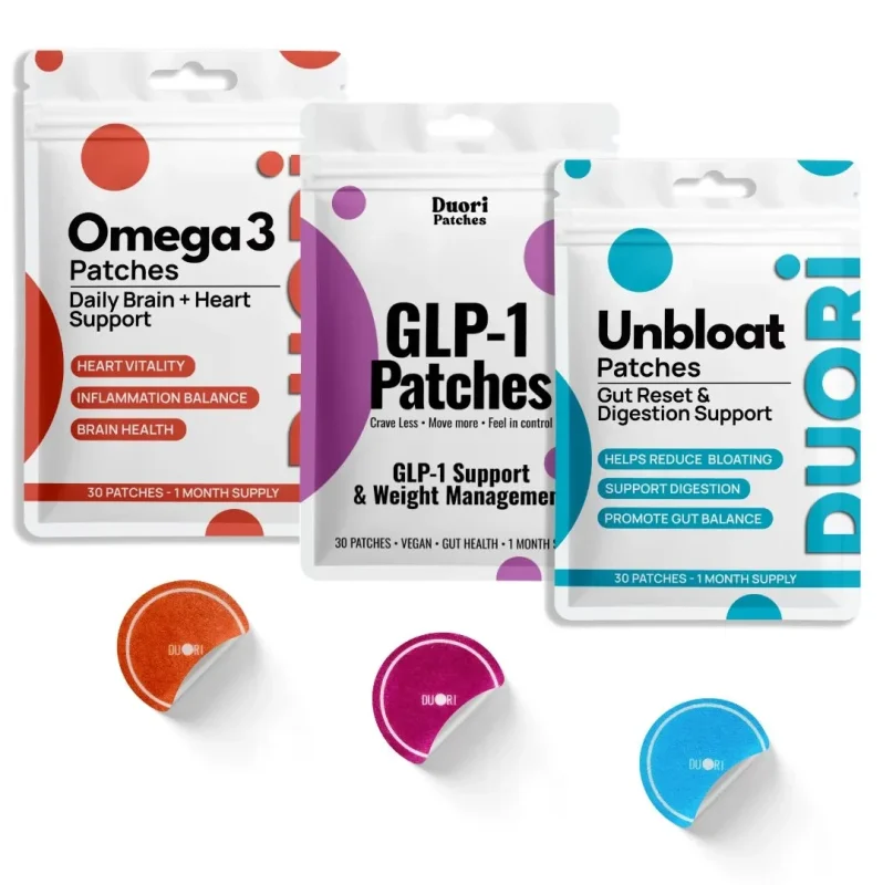 Duori patch collection including GLP-1, Omega 3 and Unbloat wellness patches with product packaging