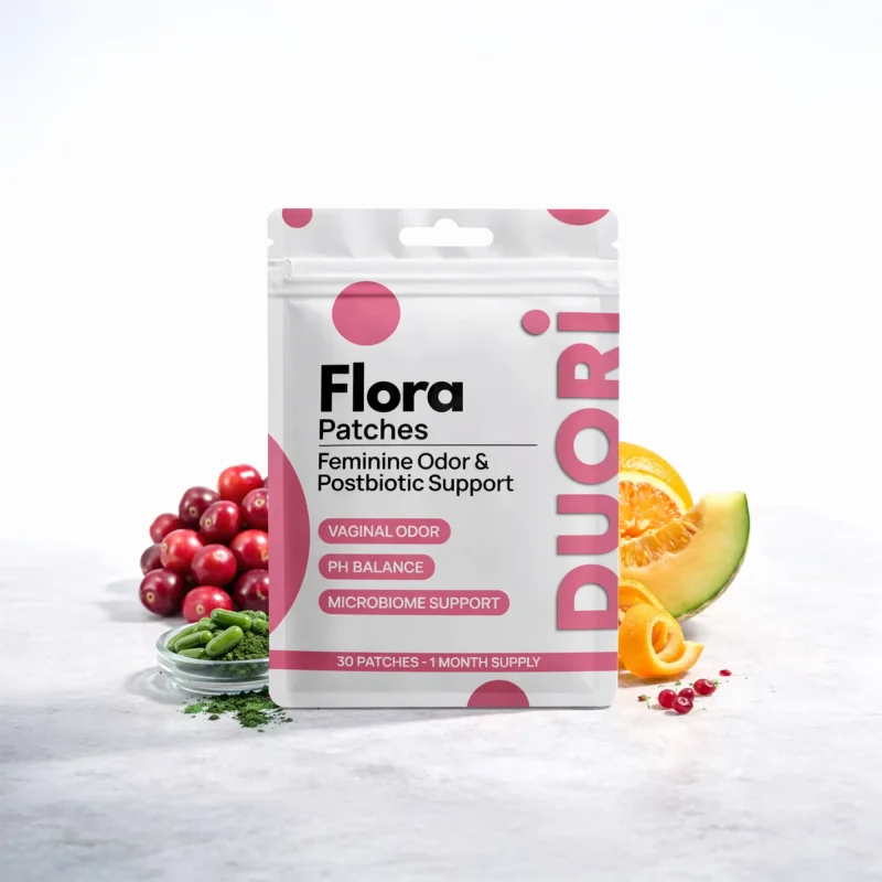 Duori Flora Patch packaging — daily transdermal microbiome support patch with Sodium L-Lactate, Cranberry Extract, Vitamin C and Zinc, 30 patches