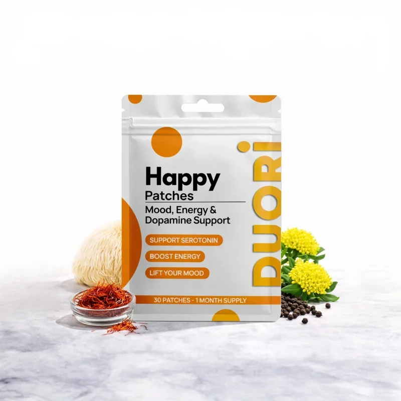 Duori Happy Patch packaging — serotonin support transdermal patch for mood, motivation and emotional focus, 30 patches