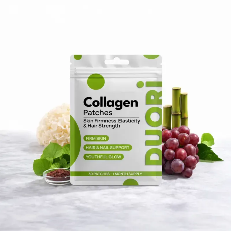 Duori Collagen Patch packaging — transdermal skin patch with Vitamin C, Hyaluronic Acid, Resveratrol and Biotin for firmness and glow, 30 patches