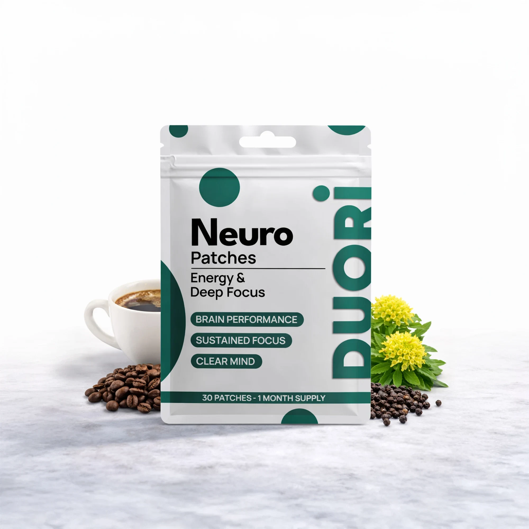 Duori Neuro Patch packaging — stimulant-free transdermal focus and mental clarity patch, 30 patches