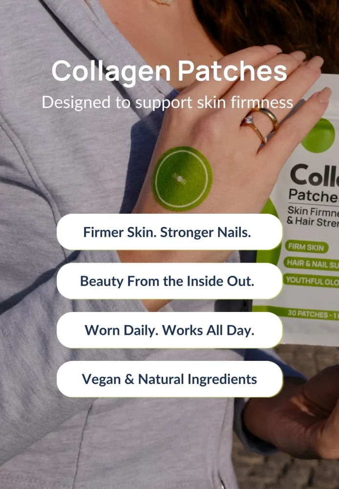 Woman wearing a Duori Collagen Patch on her hand, highlighting skin firmness, stronger nails, beauty support, and natural wellness ingredients.