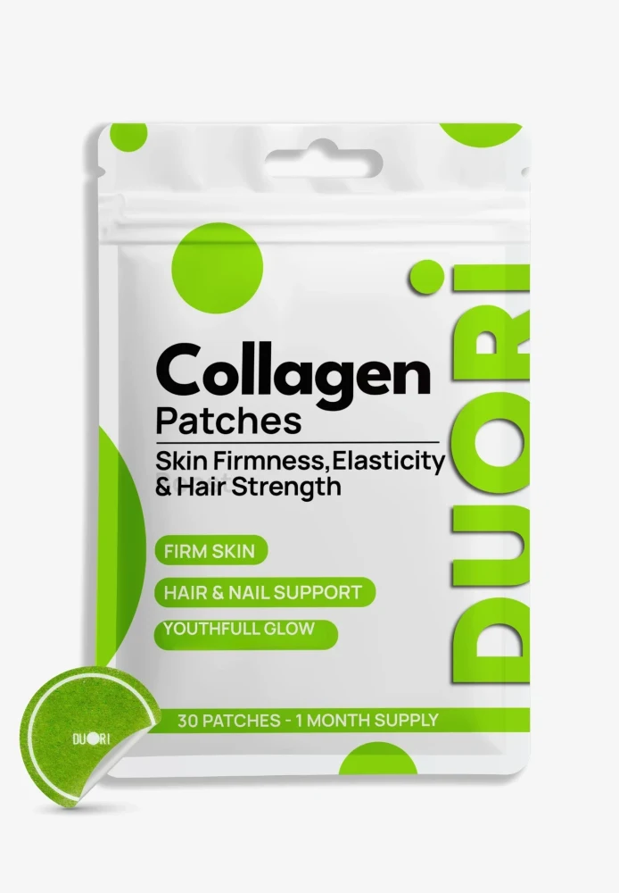 Duori Collagen Patches packaging featuring skin firmness, elasticity, hair support, and youthful glow benefits with a 30-patch monthly supply.
