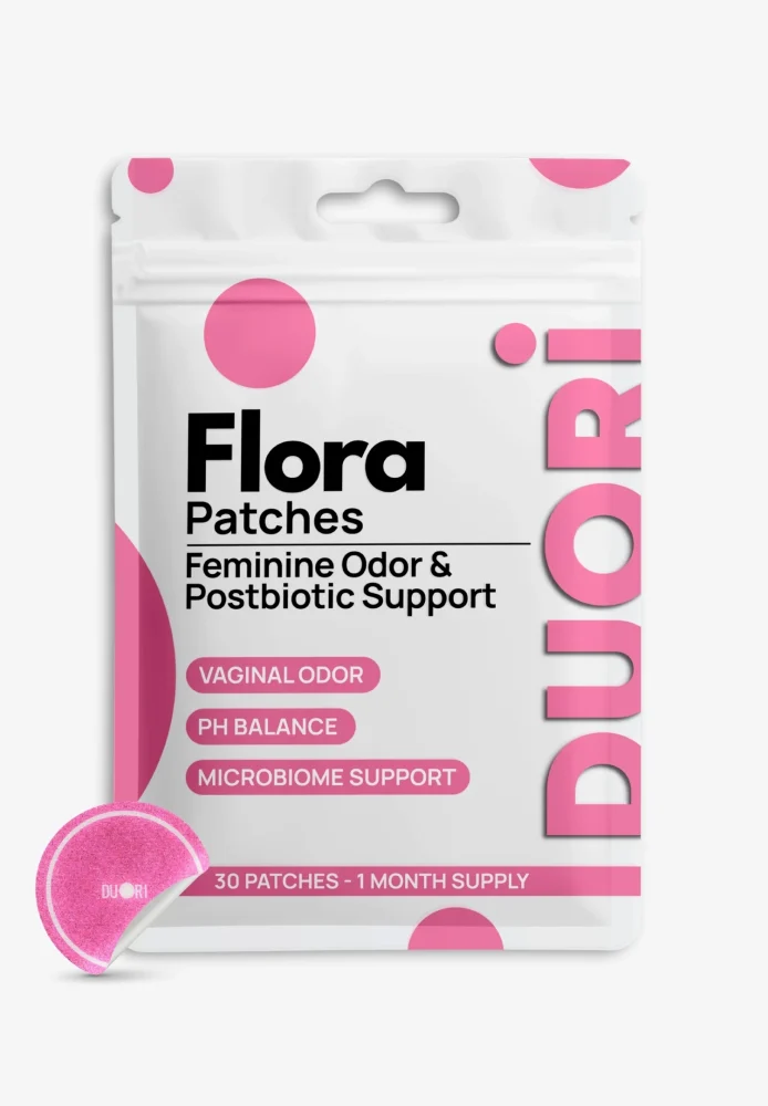 Duori Flora Patches packaging featuring feminine wellness support, pH balance, microbiome support, and a 30-patch monthly supply.
