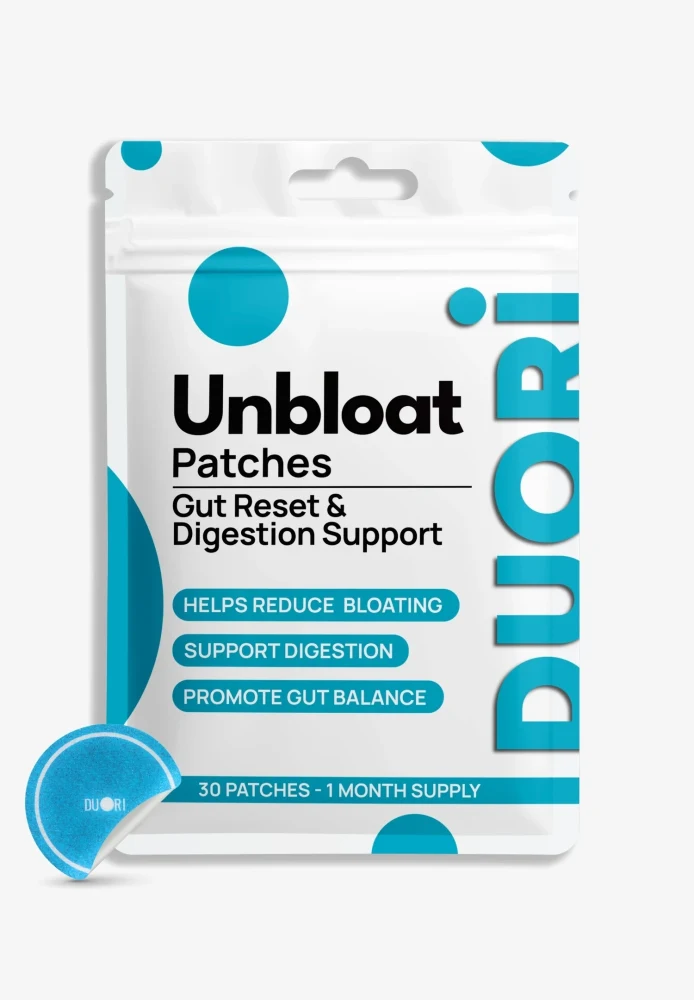 Duori Unbloat Patches packaging featuring a one-month supply of 30 digestive support patches formulated with botanical ingredients to help reduce bloating, support healthy digestion, and promote gut balance.