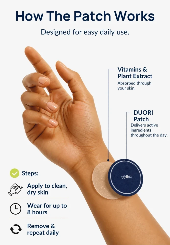 Illustration showing how to apply Duori Sleep+ Patches to clean, dry skin for overnight sleep support as part of a simple nightly wellness routine.