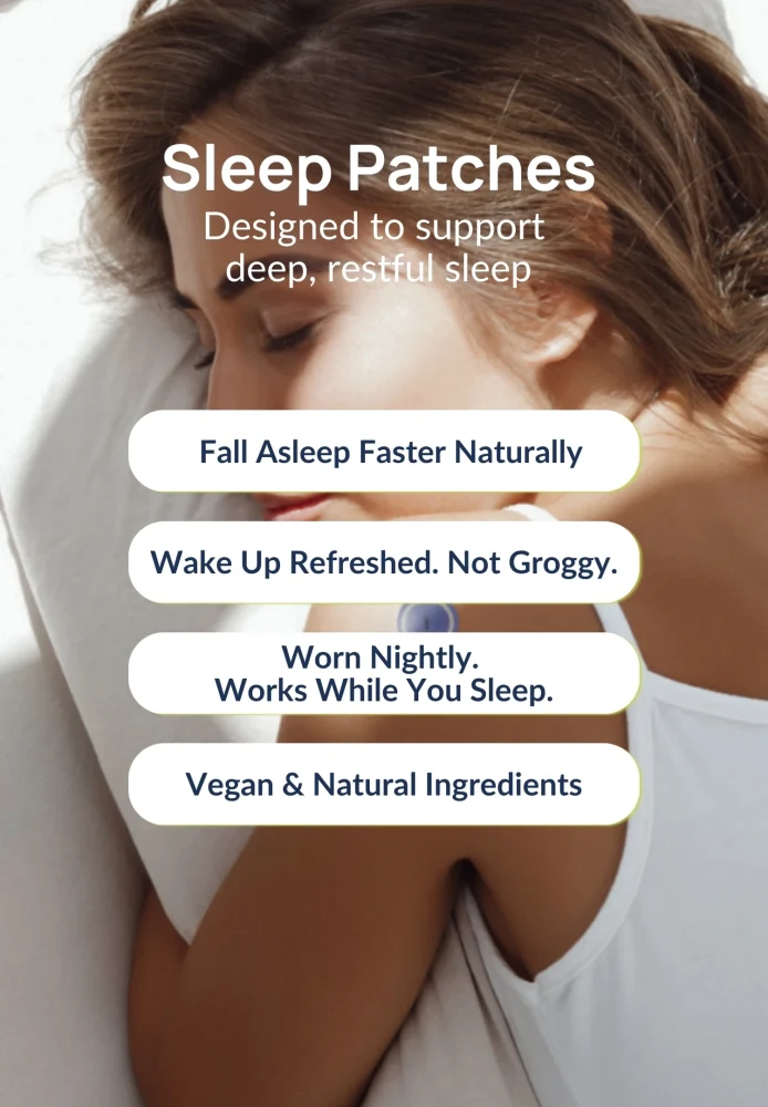 Woman sleeping peacefully with Duori Sleep Patches infographic highlighting natural sleep support, restful sleep, vegan ingredients, and refreshed mornings.