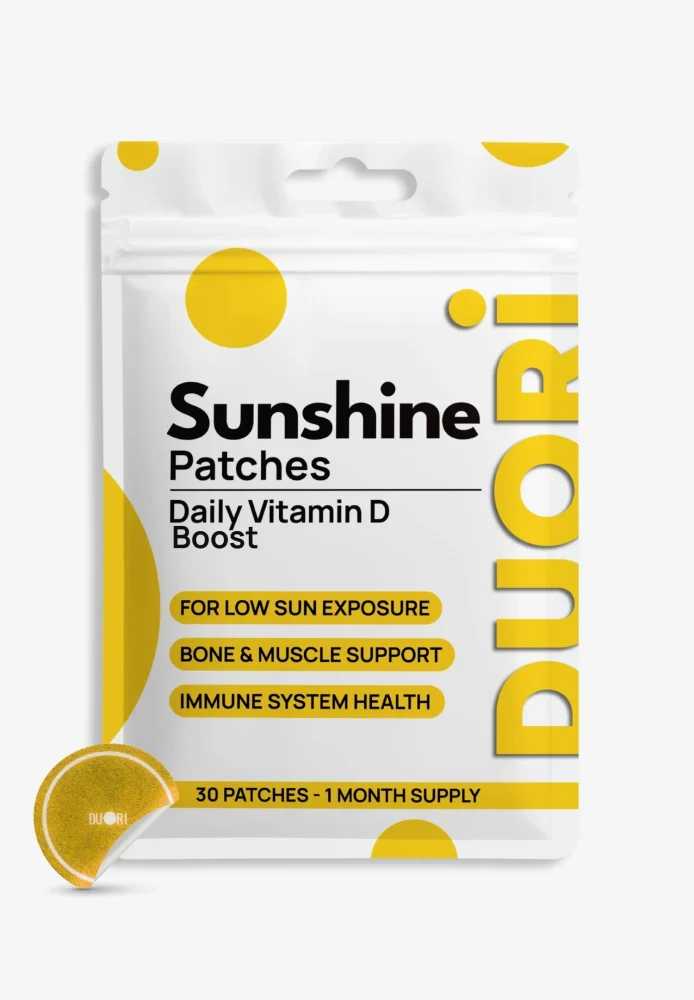 Duori Sunshine Vitamin D Patches featuring 30 daily wellness patches. Vitamin D support formula designed for low sun exposure, bone and muscle support, and everyday immune health support.