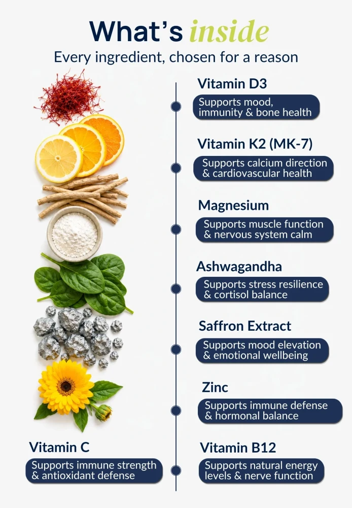 Ingredient infographic for Duori Sunshine Vitamin D Patches featuring Vitamin D3, Vitamin K2 MK-7, Magnesium, Ashwagandha, Saffron Extract, Zinc, Vitamin C, and Vitamin B12 for mood, immunity, bone health, energy, and overall wellness support.