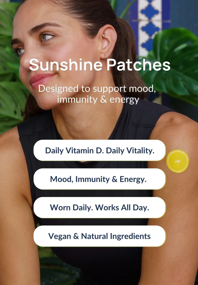 Lifestyle image of Duori Sunshine Vitamin D Patches worn on the arm. Daily Vitamin D wellness patch designed to support energy, immune wellness, and everyday vitality with a convenient wearable format.