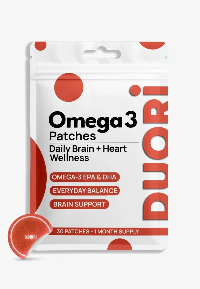 Duori Omega 3 Patches package featuring Omega-3 EPA & DHA, daily brain and heart wellness support, and a 30-patch one-month supply.