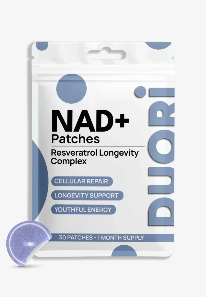 Duori NAD+ Patches packaging featuring Resveratrol Longevity Complex, cellular wellness support, longevity support, and a 30-patch monthly supply.
