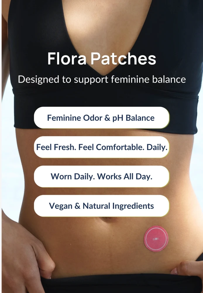 Woman wearing a Duori Flora Patch on the lower abdomen, highlighting feminine wellness support, pH balance, daily freshness, and microbiome wellness.